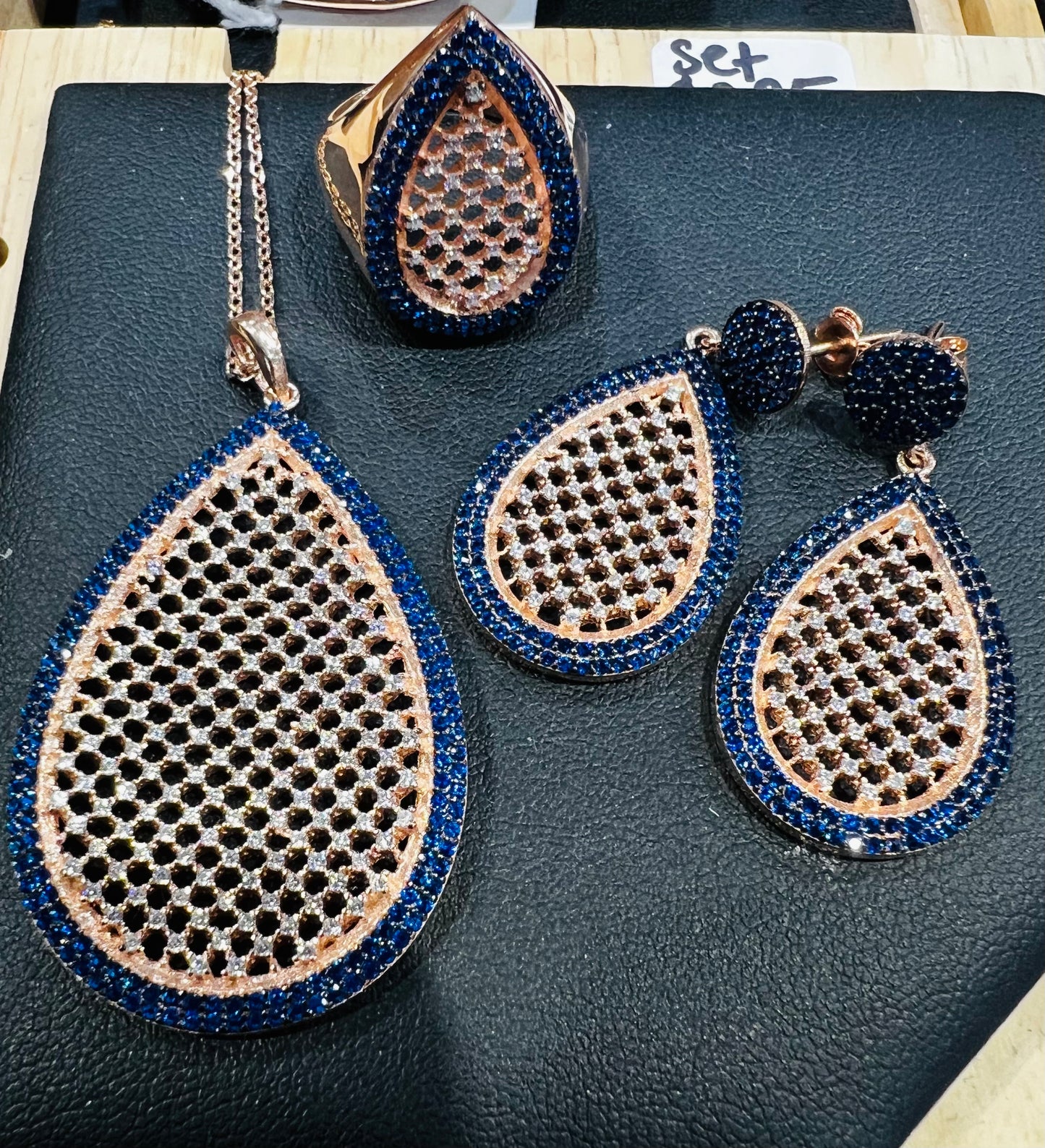 Blue 925 Silver Earrings, ring and pendant necklace set