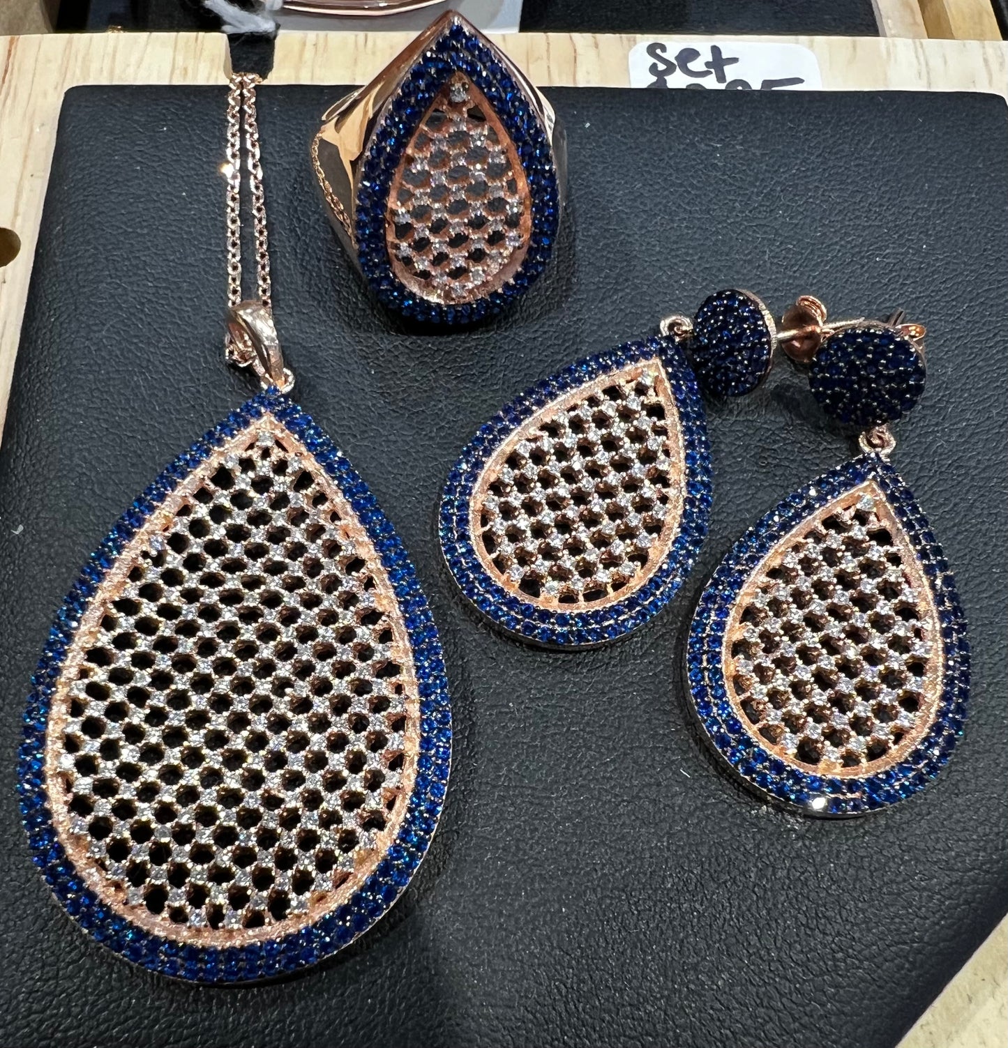 Blue 925 Silver Earrings, ring and pendant necklace set