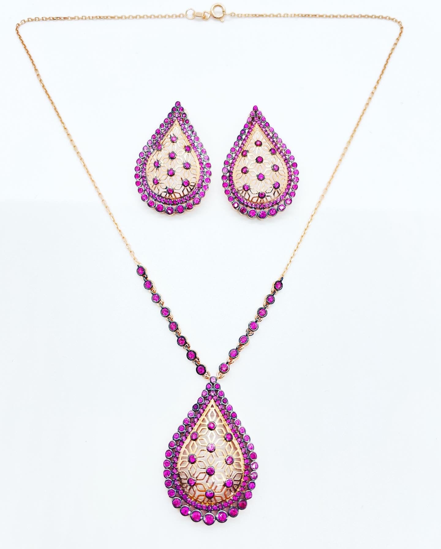 Ruby Teardrop Pendant Necklace with Earrings