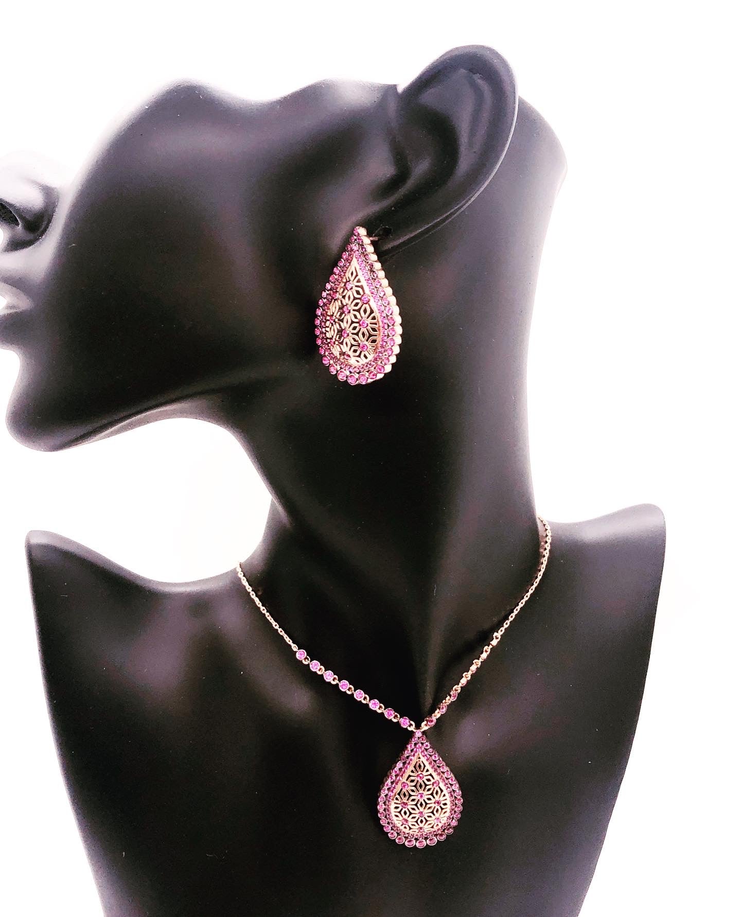 Ruby Teardrop Pendant Necklace with Earrings