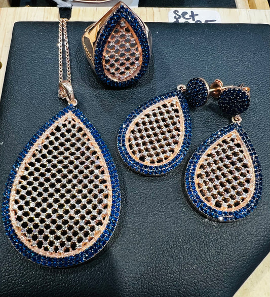 Blue 925 Silver Earrings, ring and pendant necklace set