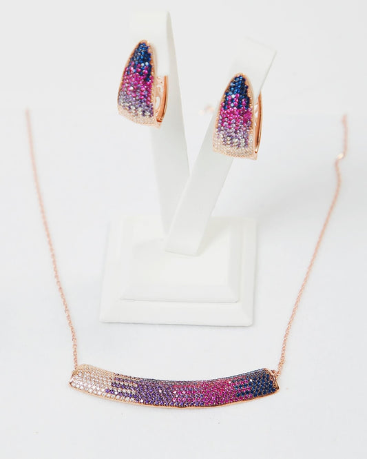 Purple Pink 925 Silver Earrings +Necklace Jewelry Set